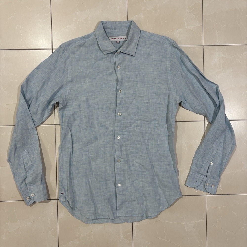 Orlebar Brown Shirt Mens Small Blue 100% Linen Long Sleeve Holiday Summer Resort